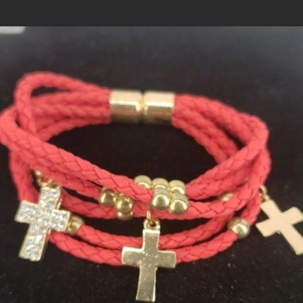 Red‎ Cross Layered Beaded Braid Magnetic Bracelet